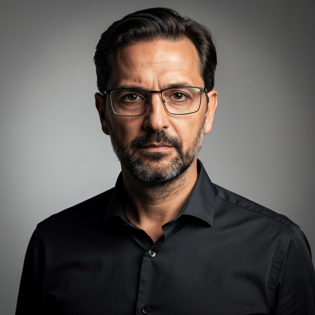 Studio portrait of a Portuguese man journalist with glasses and a beard