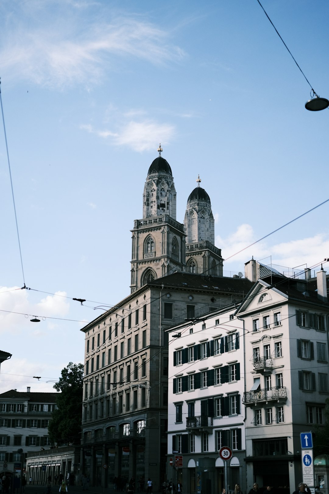Aerial view of a Swiss financial district with glass office towers